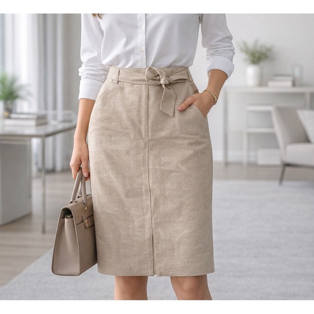 Vintage Andrea Jovine‎ Linen Blend Skirt Tan Knee Length Tie Waist Size 10 Clean